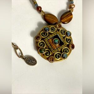 Vintage Necklace. Brass & Bead Tiger Eye Michael Golan 18"